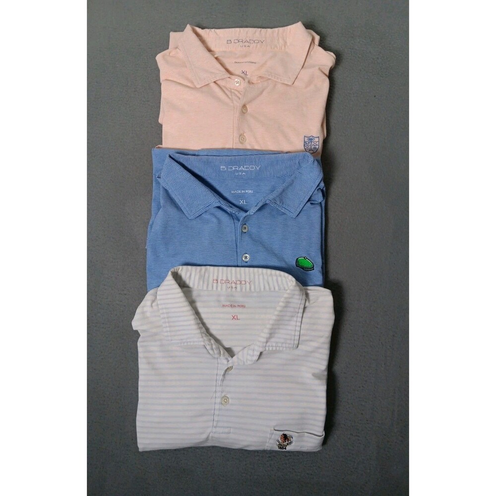 3- B. Draddy Striped Polo Shirts Mens XL Blue White Peach Stitched Logos READ